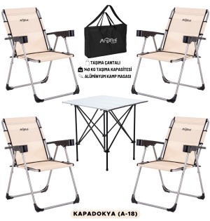 4 Adet Katlanır Kamp Sandalyesi ve Alüminyum Masa Seti - Rock Silver - Kapadokya - Taşıma Çantalı