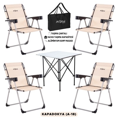4 Adet Katlanır Kamp Sandalyesi ve Alüminyum Masa Seti - Rock Silver - Kapadokya - Taşıma Çantalı