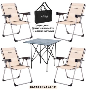 4 Adet Katlanır Kamp Sandalyesi ve Alüminyum Masa Seti - Rock Dark - Kapadokya - Taşıma Çantalı