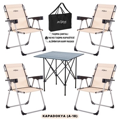 4 Adet Katlanır Kamp Sandalyesi ve Alüminyum Masa Seti - Rock Dark - Kapadokya - Taşıma Çantalı