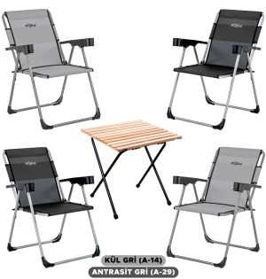 4 Adet Katlanır Kamp Sandalyesi ve Masa Seti - Rock - Kül Gri / Antrasit - Bardaklıklı - 140 KG