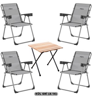 4 Adet Katlanır Kamp Sandalyesi ve Masa Seti - Rock - Kül Gri A14 - Bardaklıklı - 140 KG