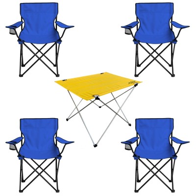 4 Adet Katlanır Kamp Sandalyesi ve Masa Seti - (DY.001) - Mavi/Sarı - Plaj Sandalyesi