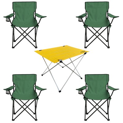 4 Adet Katlanır Kamp Sandalyesi ve Masa Seti - (DY.001) - Haki/Sarı - Plaj Sandalyesi