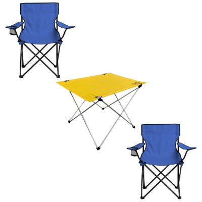 2 Adet Katlanır Kamp Sandalyesi ve Masa Seti - (DY.001) - Lacivert/Sarı - Plaj Sandalyesi