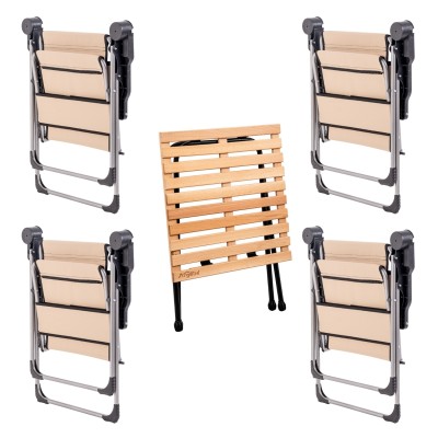 4 Adet Katlanır Kamp Sandalyesi ve Masa Seti - Rock - Bej - Bardaklıklı - 140 KG