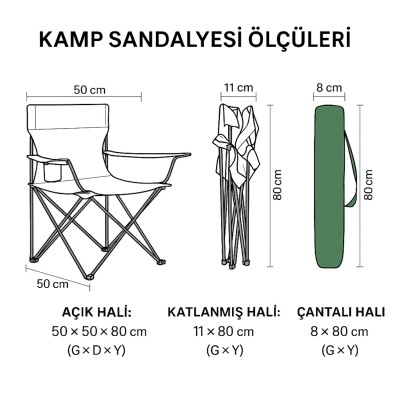 2 Adet Katlanır Kamp Sandalyesi - Piknik Plaj Sandalyesi - (DY.001) - Haki - Taşıma Çantalı